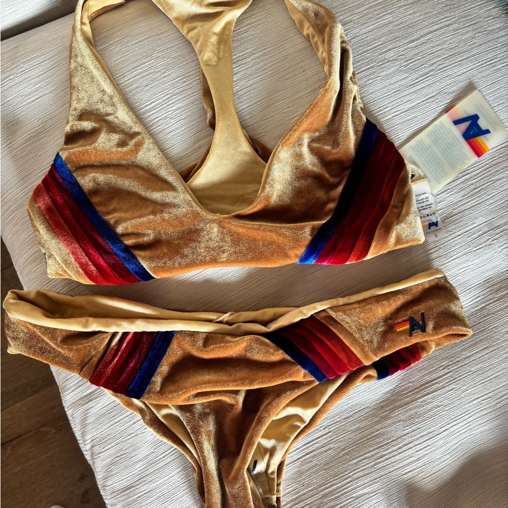 Aviator Nation Gold Bikini with Red and Blue Stripes velour small